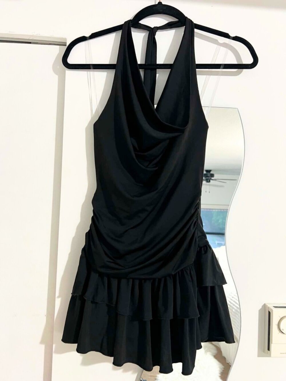 Mini halter dress with layered skirt and built in shorts, S